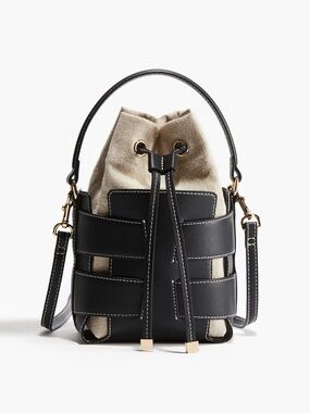 Black/Tan Canvas Drawstring Bucket Bag